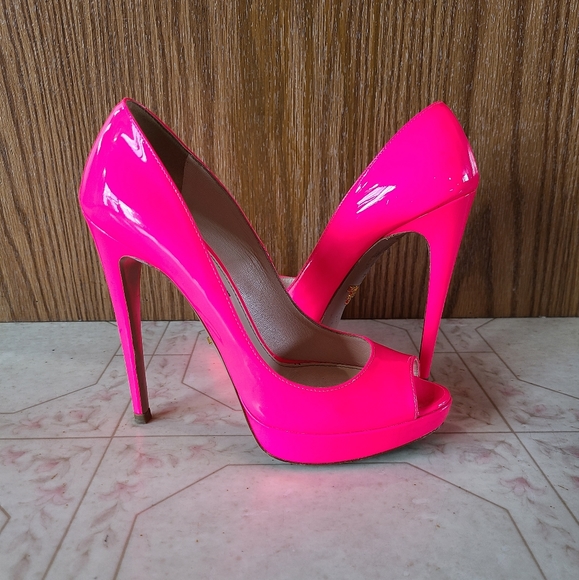 Auth PRADA Rosa Fluo Neon Patent Peep-toe Heels Size EU37/ US6.5 💗 - Picture 2 of 14